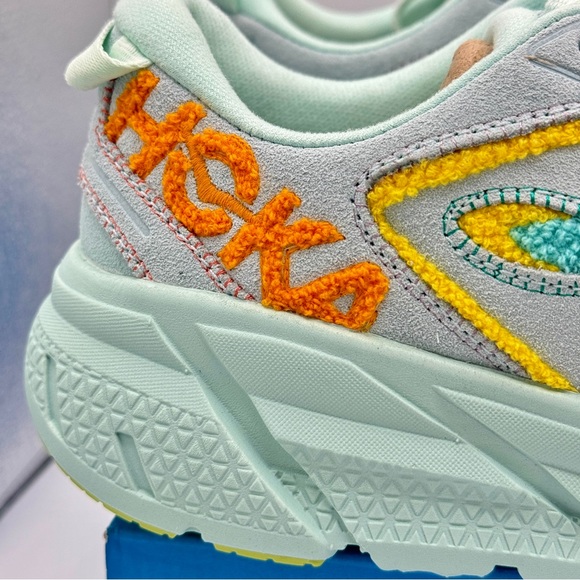 NWT Hoka Clifton Leather Embroidery UNISEX Shoes blue glass radiant yellow NEW - Picture 10 of 16